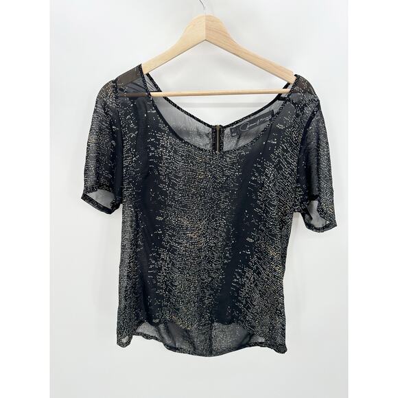 Patterson J Kincaid Top Women SMALL Black Sheer Printed Short Sleeve Scoop Neck - Picture 8 of 8